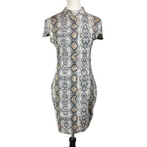 I.AM.GIA Snakeskin Form Fitting Short Cap Sleeves Band Collar Zip Up Mini Dress